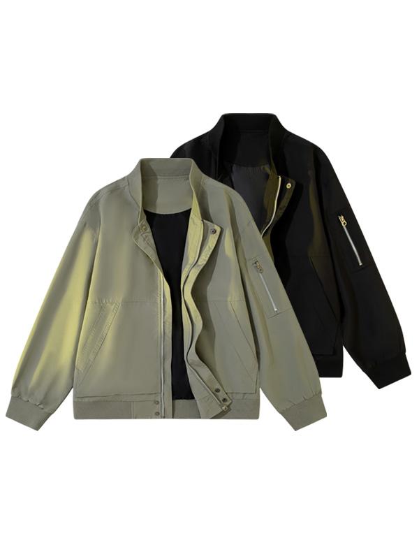 Male Warm Thick Metal Button Decorated Cargo Green Short Jacket Soft Polyester Zipper Top Casual Loose Fit Round Neck Long Sleeves Comfortable Style for Autumn Winter